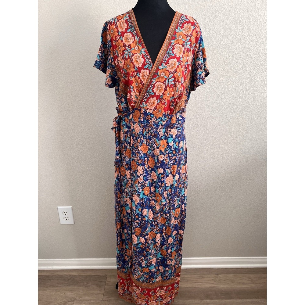 Floral Wrap Midi Dress in Orange and Blue